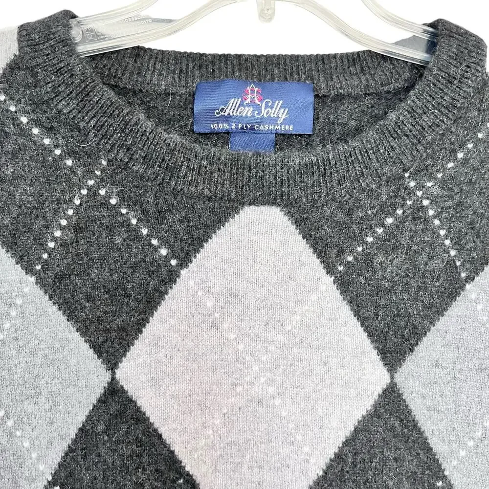 Allen Solly Black Gray Argyle 100% 2-Ply Cashmere Crewneck Pullover Sweater XL